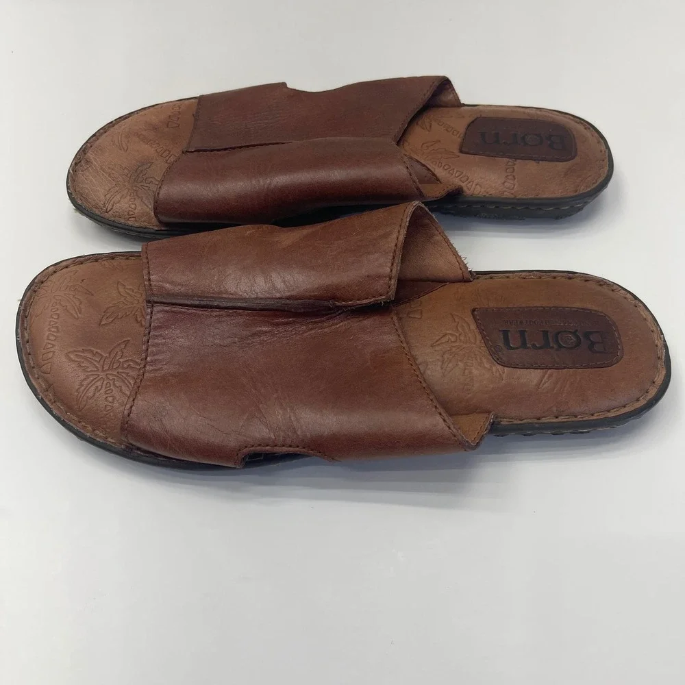 Born Slide Sandals Mens 11 Brown Leather Palm Trees Casual Comfort Slip On Shoes